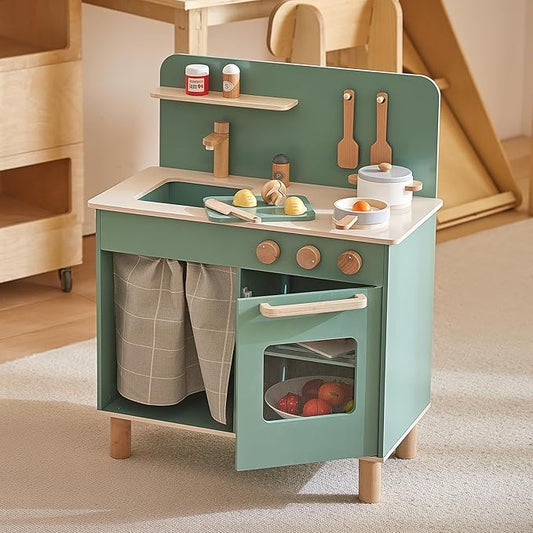 Giant bean Play Kitchen, Nordic Wooden Kitchen Playset Toy for Kids with Cookware Accessories, Pretend Play Cooking Food Set for 3+ Year Old Toddler Boys Girls