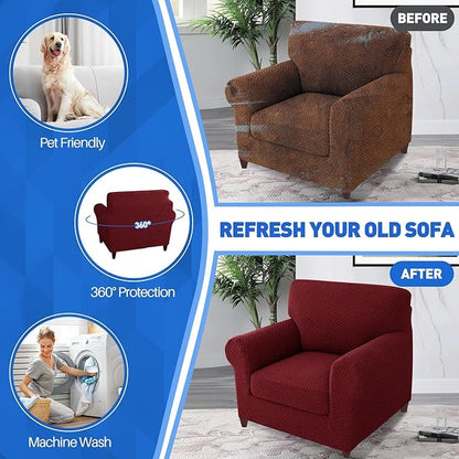 MAXIJIN 2 Piece Jacquard Chair Covers with Arms Super Stretch Non Slip Chair Slipcover for Living Room Dogs Pet Friendly Elastic Sofa Couch Protector Armchair Cover (Chair, Wine Red)