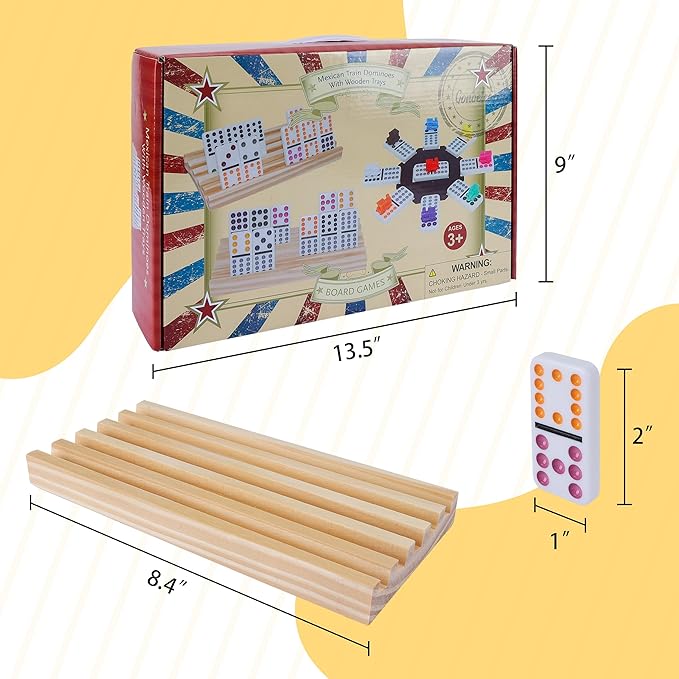 Double 12 Mexican Train Dominoes Set for Adults with 8pcs Wooden Trays, 9 Train Markers, 91 Color Dot Tile Dominos in Tin Box & Hub - Classic Family Board Game Set Party Toy Gift for Kids