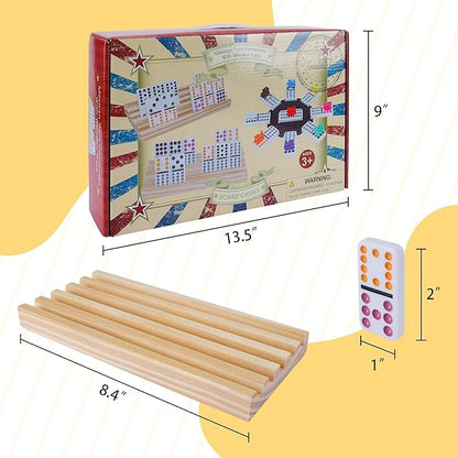 Double 12 Mexican Train Dominoes Set for Adults with 8pcs Wooden Trays, 9 Train Markers, 91 Color Dot Tile Dominos in Tin Box & Hub - Classic Family Board Game Set Party Toy Gift for Kids