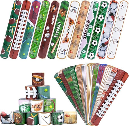 72PCS Sport Slap Bracelets Wristband Sport Party Favors Set, Sport Birthday Party Match Supplies Classroom Prizes, Sports Themed Bracelets for Kids and Adults, 12 Patterns