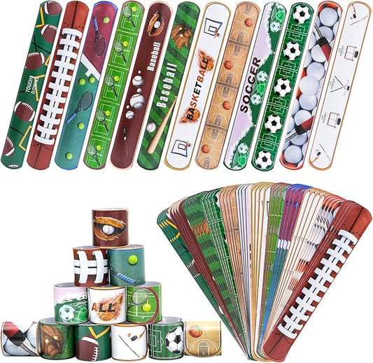 72PCS Sport Slap Bracelets Wristband Sport Party Favors Set, Sport Birthday Party Match Supplies Classroom Prizes, Sports Themed Bracelets for Kids and Adults, 12 Patterns