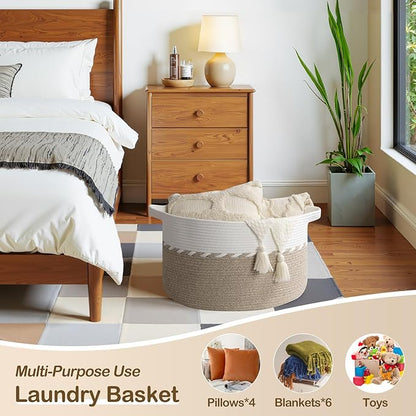 OIAHOMY 90L Blanket Basket for Living Room, Large Basket 23" x 23" x 13" with Handle, Laundry Hamper for Blankets, Pillows, Toy Storage for Kids, Dogs - Light Brown & White