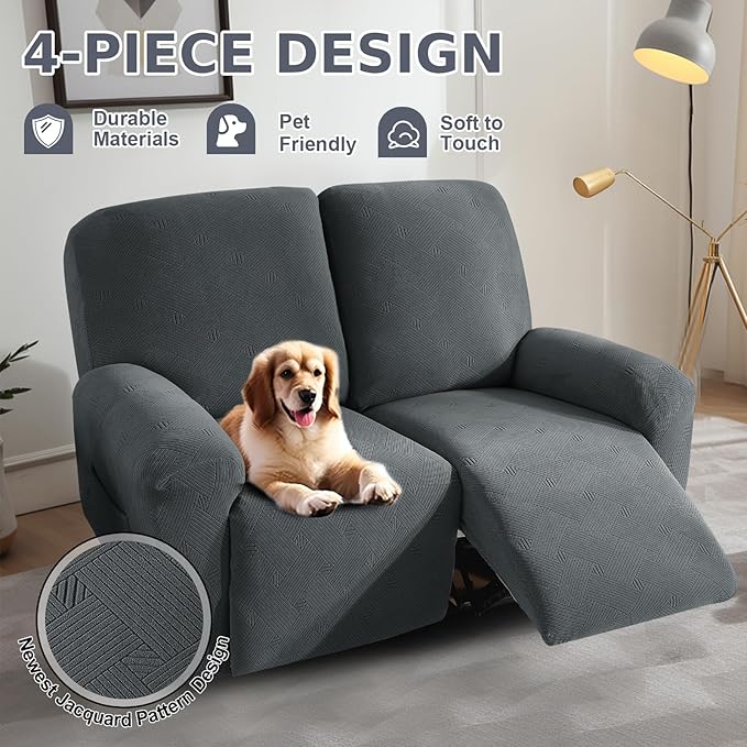JIVINER Loveseat Recliner Covers, Jacquard 4 Piece Recliner Sofa Cover with Pockets Washable Lazy Boy Reclining Couch Protector with Elastic Bottom (Recliner Loveseat, Dark Gray)