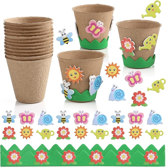 Ayfjovs Garden Paper Pot Craft Kit 15 Pack Flower Plant Spring Craft with 105 PCS Adhesive Foam Stickers and 15 PCS Paper Mache Pots, Flower Planting Growing Kit Science and Garden for Kids