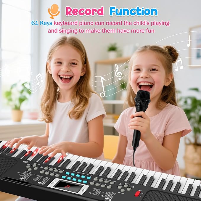 Piano Keyboard, 61 Key Upgrade Kids Pianos Music Toy with Light-up Keys & Pro Teaching Modes, Dual Speaker, 70 Demos,100 Tones, 100 Rhythms Perfect Christmas/Birthday Gift for Kids (Black)
