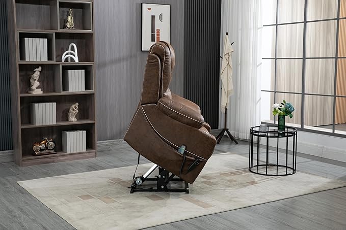 FANYE Electric Power Lift Chair for Elderly W/Massage and Heat, Infinite Positions 2 Remote Controllers Oversized Faux Leather Upholstered Recliner & Armchair W/Side Pockets & Cup Holders, Brown