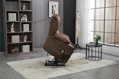 FANYE Electric Power Lift Chair for Elderly W/Massage and Heat, Infinite Positions 2 Remote Controllers Oversized Faux Leather Upholstered Recliner & Armchair W/Side Pockets & Cup Holders, Brown