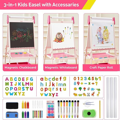 FUNLIO Anti-Warping Kids Art Easel, 3 Height Adjustable for Kids Aged 2-8, All-in-One Toddler Easel with Paper Roll & Erasable Frame, Standing Easel with Magnetic Chalkboard/Whiteboard (Pink)