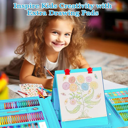 KINSPORY Art Kit, 290 Pack Art Sets Crafts Drawing Coloring kit, Double-Side Trifold Easel, Oil Pastels, Crayons, Colored Pencils, Creative Gift for Beginners Artists Girls Boys Kids (Blue)