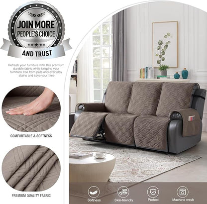 TAOCOCO 100% Waterproof Recliner Sofa Cover, Non Slip Split Couch Covers for Reclining Couches with Elastic Straps, Washable Reclining Sofa Cover Furniture Protector for Kids Pets(3 Seater, Taupe)
