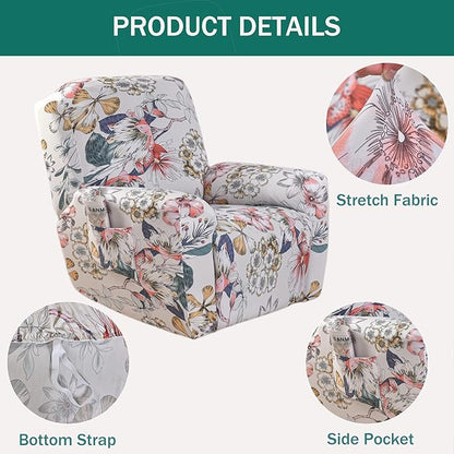 NILUOH Stretch Recliner Cover 4 Pieces Printed Lazy Boy Chair Covers Floral Patterned Recliner Sofa Slipcover Anti-Slip Fitted Furniture Protector with Elastic Bottom, A2
