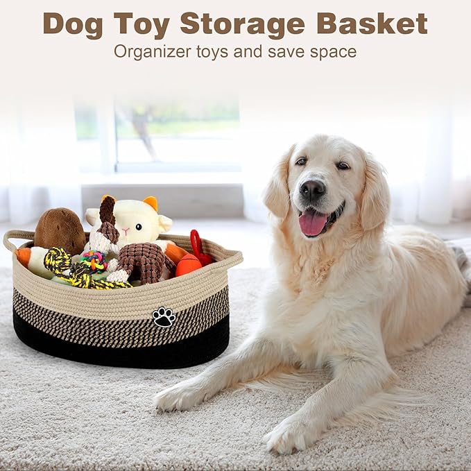 Optish Dog Toy Basket, Toy Box and Bin for Dog Cat Storage, 19.7" X 11" X 7.9" (30L) Large Woven Rope Basket for Blanket Storage, Living Room, Bedroom, Black & Brown