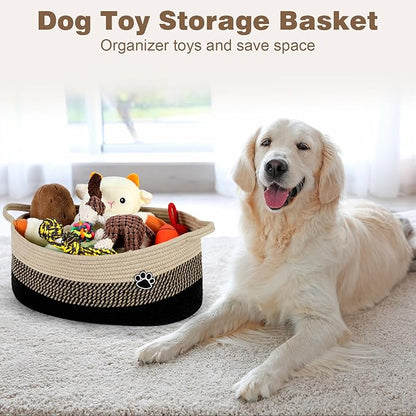 Optish Dog Toy Basket, Toy Box and Bin for Dog Cat Storage, 19.7" X 11" X 7.9" (30L) Large Woven Rope Basket for Blanket Storage, Living Room, Bedroom, Black & Brown