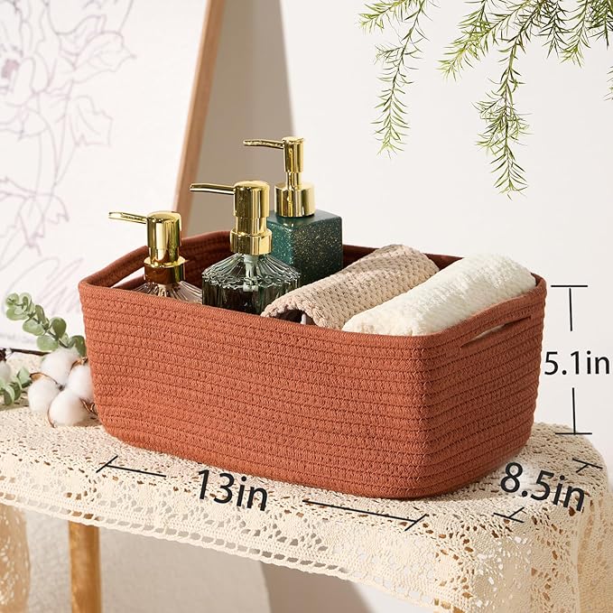 MiniArk Small Storage Baskets for Organizing | Closet Organizer Bins | Shelf Toy Basket | Woven Rope Baskets | Cube Decorative Box | Shallow Basket | 13x8.5x5.1” | 4 Packs Oxide Red