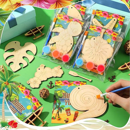 Saypacck 24 Pcs Summer Hawaiian Party Favors Wooden Craft Kits Hawaiian Tropical Ocean Theme Painting Wooden with Bag Color Your Own Palm Leaf Flower Luau Birthday Supplies