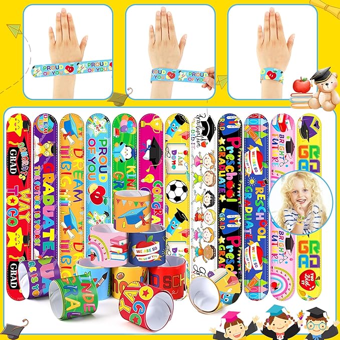 JUNEBRUSHS 56Pcs Kindergarten Graduation Slap Bracelets, Colorful Congrats Grad Bracelets Wristbands Kindergarten Graduation Gifts for Kids Preschool Kindergarten Graduation Party Favors Supplies
