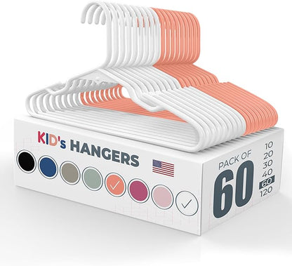 Made in USA Baby Hangers, Kids Hangers for Children's Clothes, Toddler Outfits and Clothing, 20 50 100 Pack Available, Kid Plastic Hanger for Closet and Nursery, Kids Hangars (60pk White/Peach)