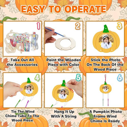 Fennoral 12 Pack Pumpkin Wind Chime Kit for Kids Make You Own Pumpkin Photo Frame Wind Chimes DIY Paint Fall Craft Wooden Ornaments for Art Project Autumn Thanksgiving Decoration