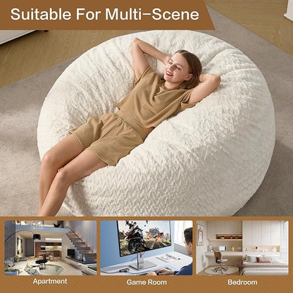 5ft Bean Bag Chairs for Adults Large Beanbag Chair with Chevron Plush Fur Cover Big Bean Bag Chair for Living Room Bedroom Dorm Office - White (50” x 50” x 24”)