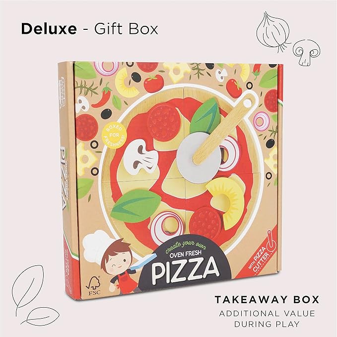 Le Toy Van - Childrens Wood Pretend Play Food | Wooden Honeybake Pizza Pretend Food Toy Playset | Toy Kitchen Accessories Play Food Role Play Toy (TV279)