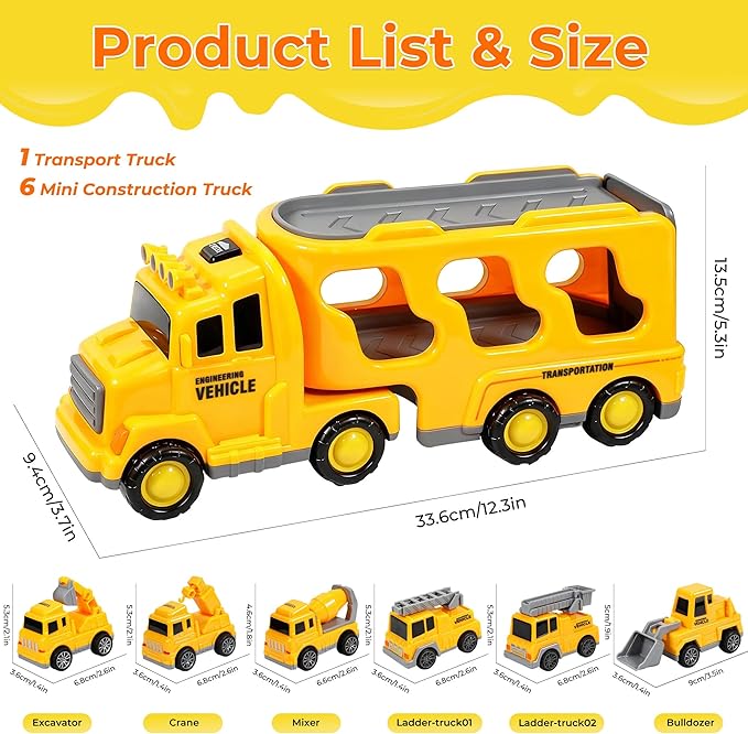 Construction Toy Trucks with 6 Construction Vehicles, Sound Light Transport Carrier Truck Construction Toys for Kids 3-5-7, Toddler Boy Toy for 3 4 5 6 7+ Year Old Boy Birthday Gifts Christmas