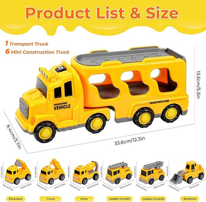 Construction Toy Trucks with 6 Construction Vehicles, Sound Light Transport Carrier Truck Construction Toys for Kids 3-5-7, Toddler Boy Toy for 3 4 5 6 7+ Year Old Boy Birthday Gifts Christmas