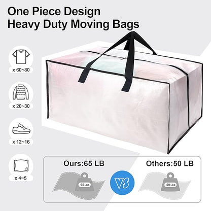 VELVETSURE 6 Pack Heavy Duty Large Moving Bags W/Backpack Straps - Strong Handles & Zippers, Storage Totes For Space Saving, Fold Flat, Alternative to Moving Box and Storage Bin, Semi-Transparent