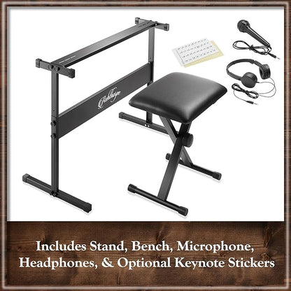 Ashthorpe 61-Key Digital Keyboard Piano with Lighted Keys, Stand, and Bench, Portable Electronic Piano Keyboard Kit with Headphones and Microphone