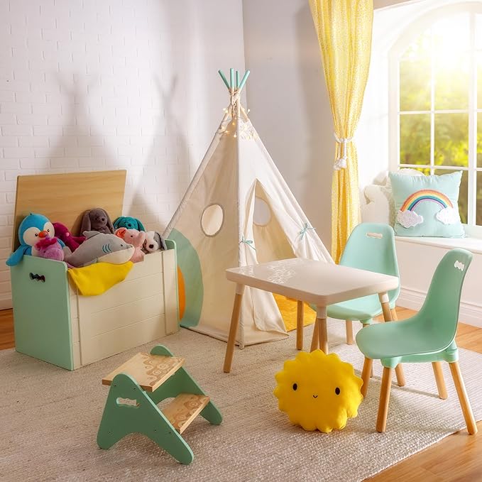 B. toys- B. spaces- Table and Chair Set- Furniture For Toddlers- 1 Craft Table & 2 Chairs- Natural Wooden Legs- Mint- 3 years +