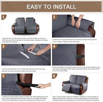 KinCam Waterproof Oversized Loveseat Recliner Cover, Non-Slip Reclining Couch Covers for 2 Seat, Recliner Sofa Cover Furniture Protector with Elastic Straps for Kids, Pets, Dark Gray
