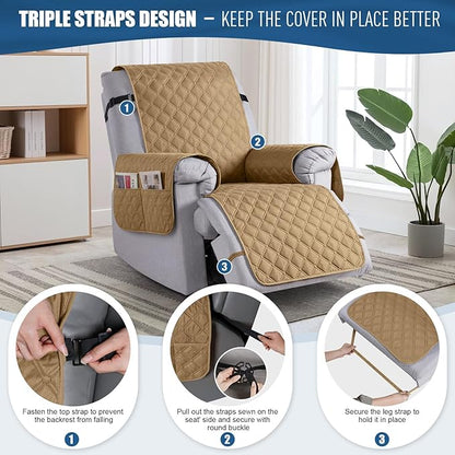 TAOCOCO 100% Waterproof Recliner Covers, Recliner Sofa Covers with Leg Straps, Reversible Recliner Couch Cover for Reclining Chair, Washable Couch Protector for Pets Kids(1 Seater 28", Camel)