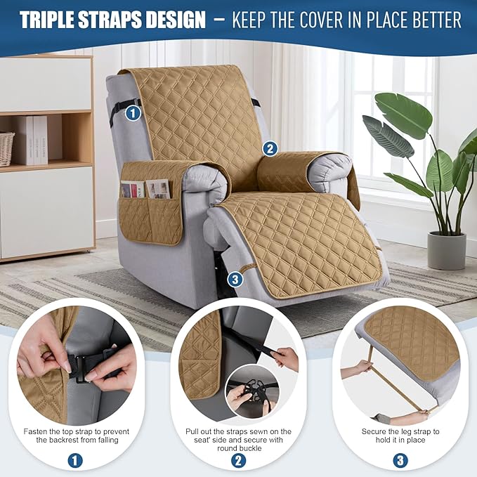 TAOCOCO 100% Waterproof Recliner Covers, Recliner Sofa Covers with Leg Straps, Reversible Recliner Couch Cover for Reclining Chair, Washable Couch Protector for Pets Kids(1 Seater 22", Camel)