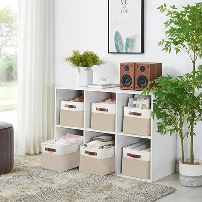 DECOMOMO Storage Baskets for Shelves - Fabric Storage Bins, Linen Closet Organizers and Storage (Beige & White, Large - 1 Pack)
