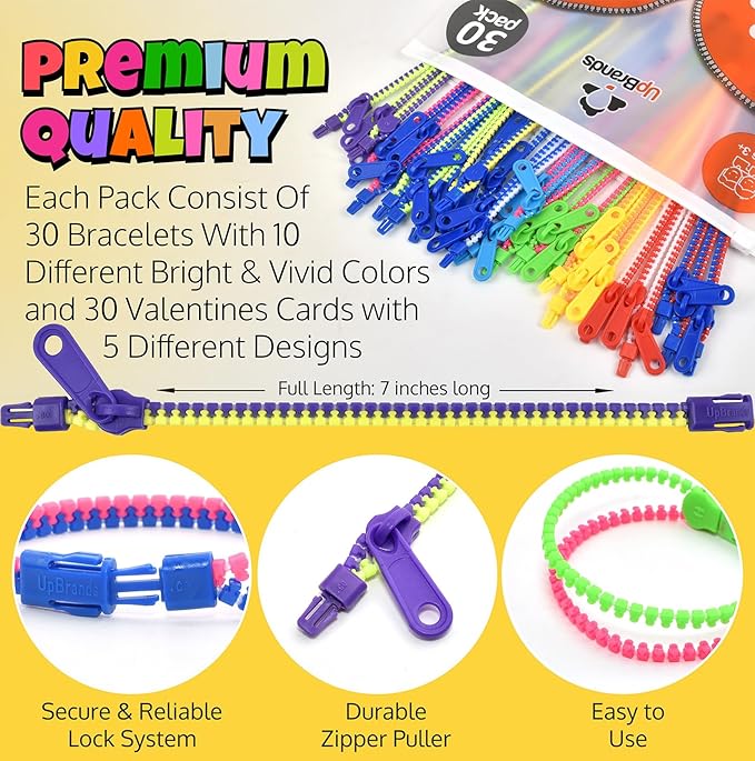 UpBrands Case Pack of 60 Boxes x 30 Valentine's Day Cards with Bi-Color Fidget Zipper Bracelets Per Box – Bulk Valentine’s Gifts for Schools, Charities, and Businesses
