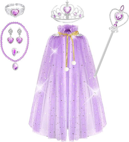 Fedio Princess Cape Set 7 Pieces Girls Princess Cloak with Tiara Crown, Wand for Little Girls Dress up (Purple)