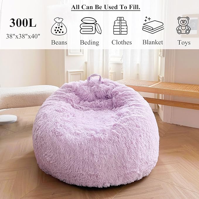 XeGe Faux Fur Comfy Bean Bag Cover for Living Room(No Filler), Fluffy Stuffed Animal Storage Bean Bag Chair Cover Light Purple, Furry Fuzzy Bean Bag Cover for Adults Kids Girls, Anti-Slip, Lavender
