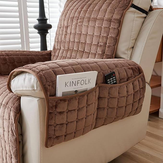 Quilted Recliner Chair Covers, Plush Non Slip Chair Slipcover Soft Washable Couch Cover Furniture Protector with Elastic Straps and Pocket for Kids, Dogs, Pets (Curry, 1 Seater)