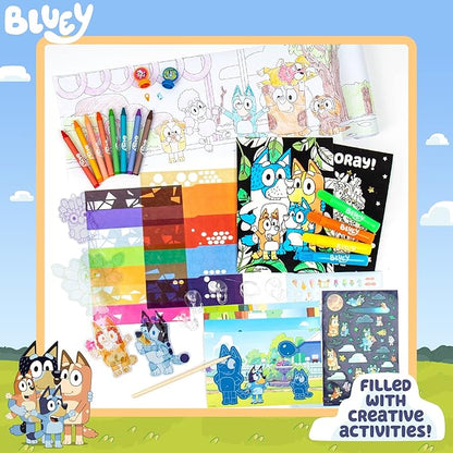 Bluey Ultimate Activity Backpack, 10+ Activities, Includes Backpack with 4 Sticker Suncatchers with 4 Suction Cups, 4 Surprise Scratch Arts, 2 Velv-its Posters, 1 Coloring Roll, 4 Markers, Kid Gifts