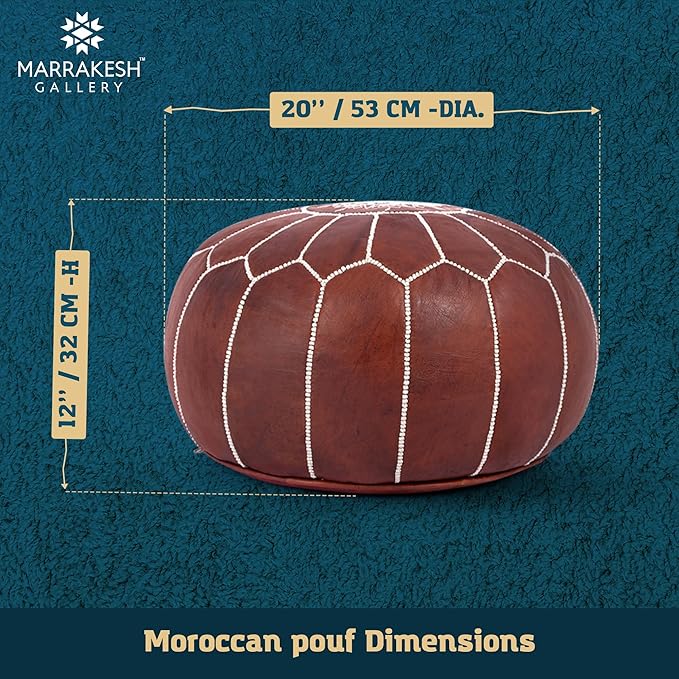 Genuine Leather Round Pouf Cover - Handmade Moroccan Ottoman Footstool, Unstuffed Footrest Under Desk - Boho Decor - Bohemian Living Room, Bedroom, Kids Room - Housewarming Gift & Wedding