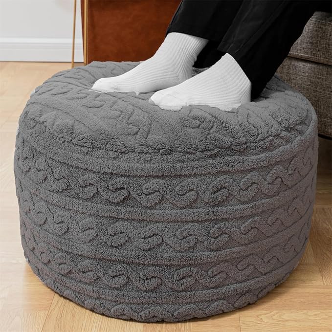 Round Stuffed Pouf Ottoman 20x20x12 Inches Plush Fiber Ottoman Foot Rest Under Desk Foot Stool Great for Living Room Bedroom Small Furniture (Gray Pouf with Filler)