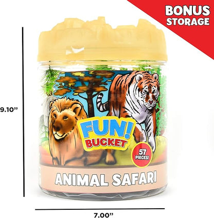 Sunny Days Entertainment Wild Animal Adventure Safari Bucket – 57 Piece Toy Play Set for Kids | Plastic Jungle Figures Playset with Storage Container