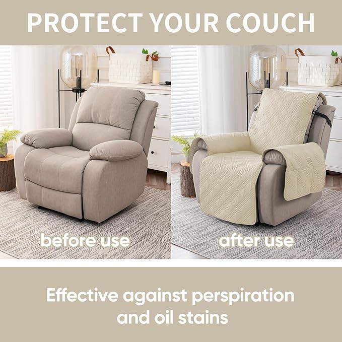 Easehomey 100% Waterproof Recliner Chair Covers, Non Slip Dog Chair Cover Furniture Protector Washable Chair Cover with Pocket, Elastic Straps for Kids,Pets,Dogs (Beige, 23.6")