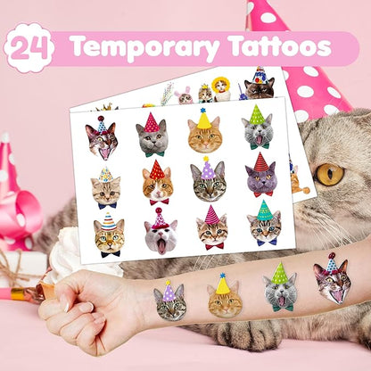 48PCS Cat Party Favors - 24PCS Tattoos & 24PCS Slap Bracelets - Kitty-Themed Birthday Supplies, Cute Decorations, Classroom Prizes, Gifts for Boys & Girls
