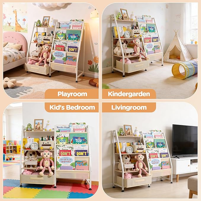 Kids Bookshelf and Toy Storage-Book Shelf for Kids Rooms，Toddler Bookshelf Baby Bookcase with 4 Sling Shelves & Fabric Toy Chest Toy Organizer for Playrooms, Bedrooms, Nursery
