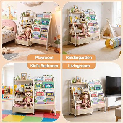 Kids Bookshelf and Toy Storage-Book Shelf for Kids Rooms，Toddler Bookshelf Baby Bookcase with 4 Sling Shelves & Fabric Toy Chest Toy Organizer for Playrooms, Bedrooms, Nursery