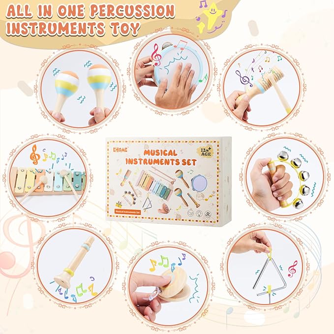 Baby Musical Instruments - Montessori Musical Toys for Toddlers 1-3 Musical Instruments for Toddlers 1-3 Neutral Colors Xylophone for Toddlers Gifts for Preschool Educational with Storage Bag