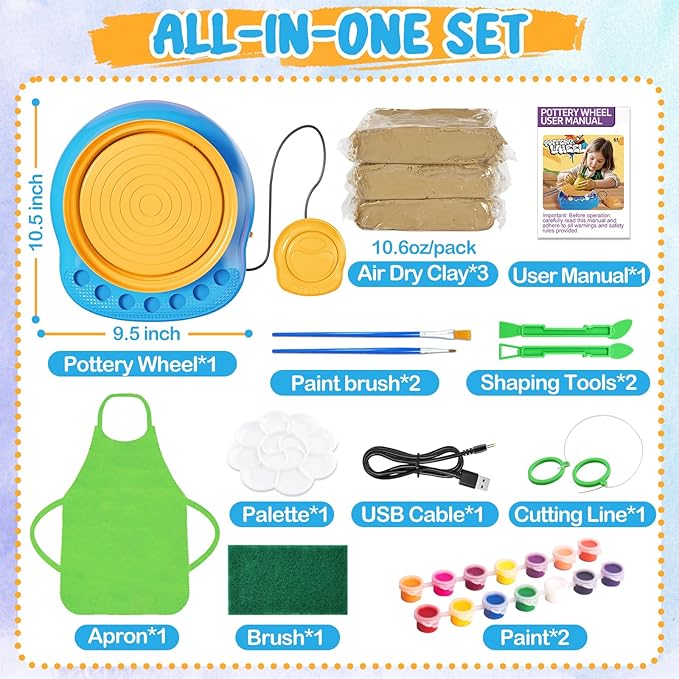 Arts and Crafts for Kids Ages 8-12, Pottery Wheel for Kids, Complete DIY Clay Wheel Pottery Kit for Beginners, Kid Crafts Toys Gifts for Girl Boys Ages 6 7 8 9 10 11 12 13 Year Old Christmas Birthday