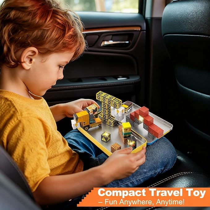 Aywewii Travel Magnetic Blocks 45 PCS Travel Toys for Kids Ages 3-5, Magnet Building Cubes STEM Learning Set with Iron Case - Portable Building Toys for Boys and Girls (Construction Edition 1)