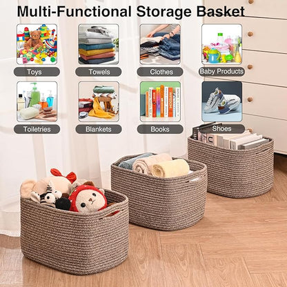 ICERZCZ Storage Baskets for Organizing Shelves, Woven Cotton Rope Bins for Baby Nursery Organization, Book Toy Towel Organizer, 15"x11"x9.5", 3 Packs, Dark Brown